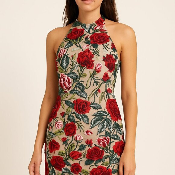 Mac Duggal 20758 Embroidered Rose Tulle High Neck Racerback Mini Dress Size 2 Mac Duggal 20758 Embroidered Rose Tulle High Neck Racerback Mini Dress Size 2